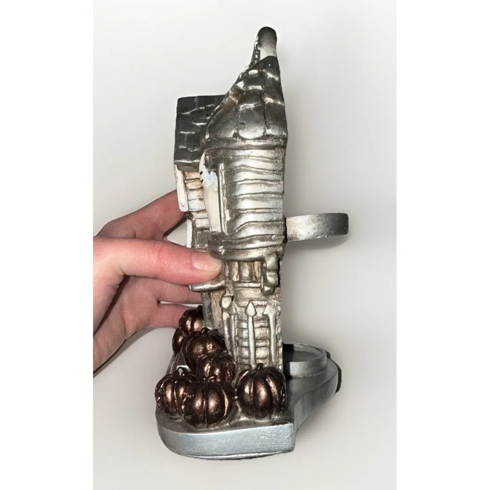 Silver Cast Metal Haunted House Tea Light Holder Halloween Ghost Pumpkin Decor